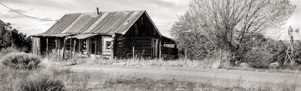 Pietown Hotel Abandoned hotel with a weathered tin roof and a large bare tree nearby.