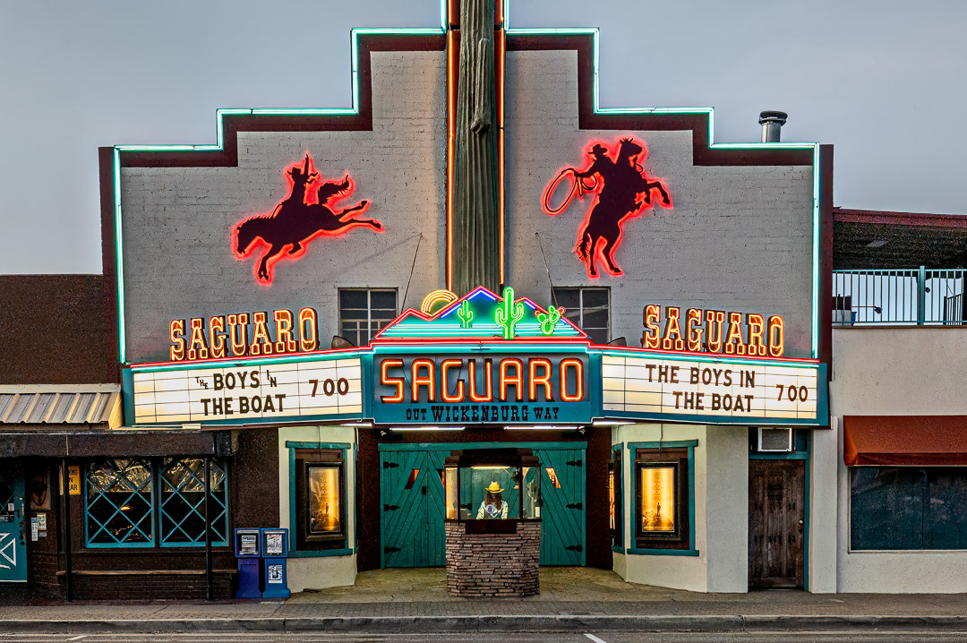 Saquaro Movie Theater in Wickenburg, AZ. Neon lettering with marquee.
